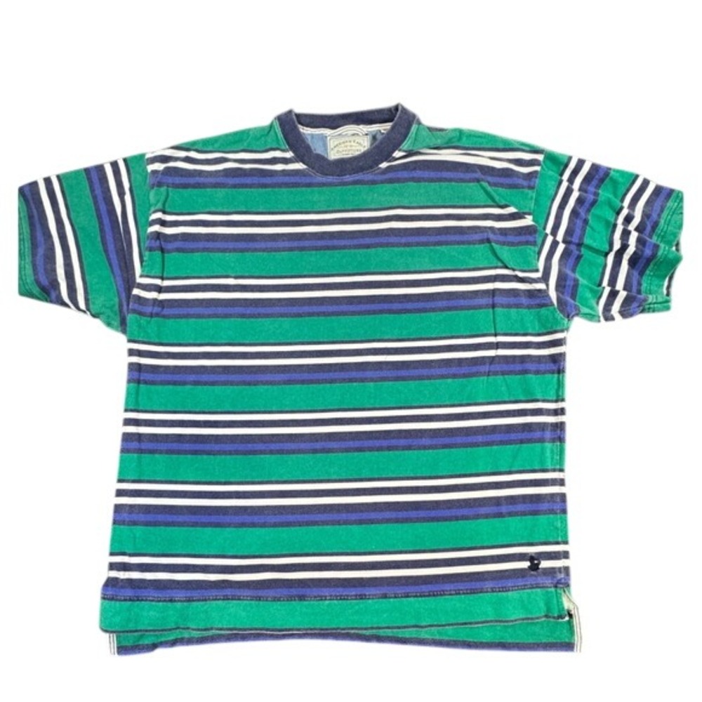 #73 Vintage American Eagle Striped Mens XL Green Navy Blue 100% Cotton Tee‎